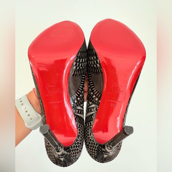 Christian Louboutin Black Patent leather Laser cutout Sullena peep toe pumps 38 - Picture 6 of 9
